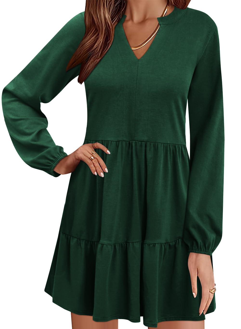 Foto 2 pulgar | Vestido Qacohu, Túnica Casual Para Mujer, Otoño 2024, Cuello En V, Escalonado, Verde Oscuro - Venta Internacional.