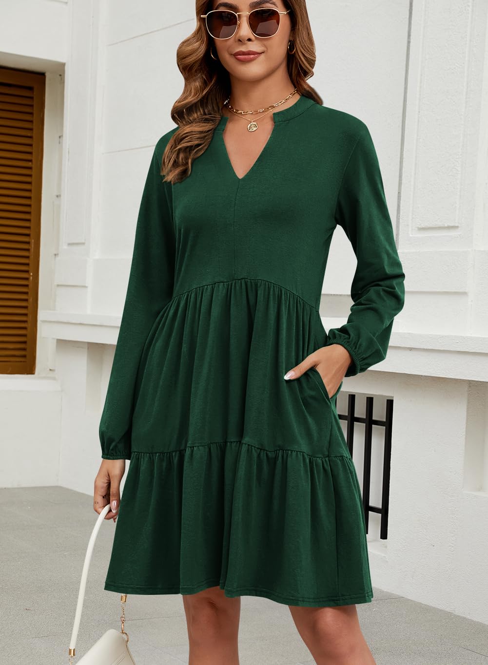 Foto 4 pulgar | Vestido Qacohu, Túnica Casual Para Mujer, Otoño 2024, Cuello En V, Escalonado, Verde Oscuro - Venta Internacional.