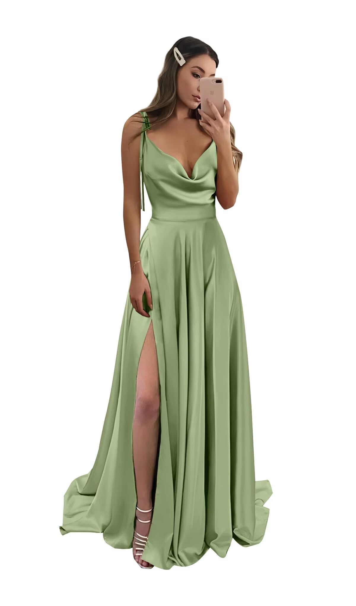 Foto 2 pulgar | Vestido De Fiesta Monvelli De Satén Con Cuello Vuelto Sin Espalda Y Abertura Sage 8 - Venta Internacional.