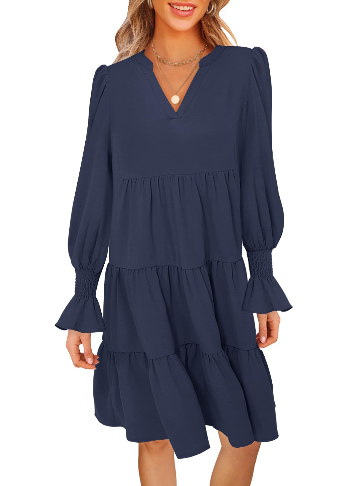 Foto 2 pulgar | Vestido Merokeety 2024 Para Mujer Con Cuello En V Y Manga Larga Azul Marino - Venta Internacional.