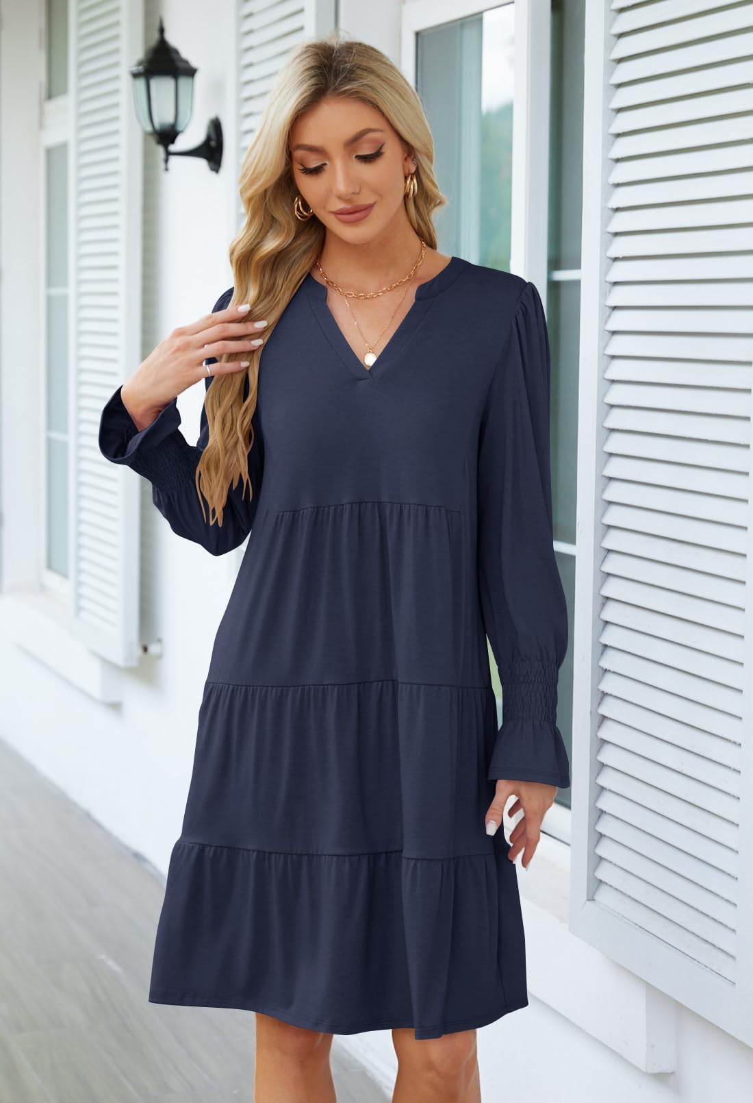 Foto 2 | Vestido Merokeety 2024 Para Mujer Con Cuello En V Y Manga Larga Azul Marino - Venta Internacional.
