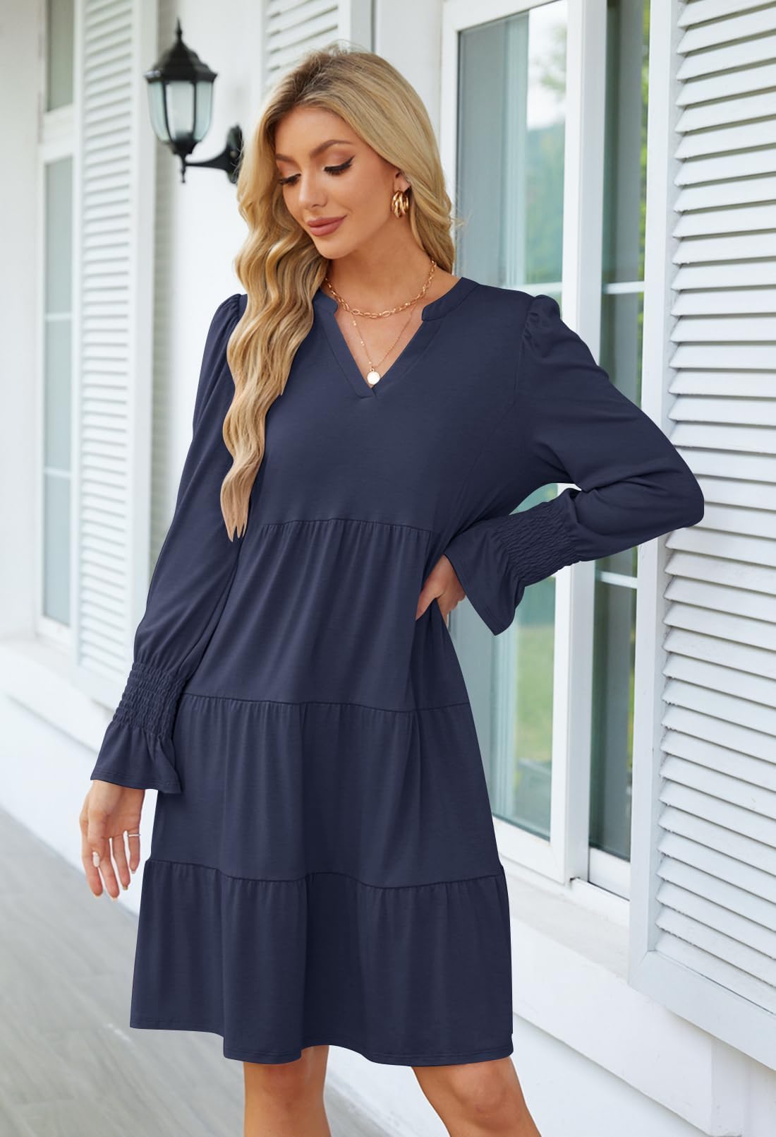 Foto 4 pulgar | Vestido Merokeety 2024 Para Mujer Con Cuello En V Y Manga Larga Azul Marino - Venta Internacional.