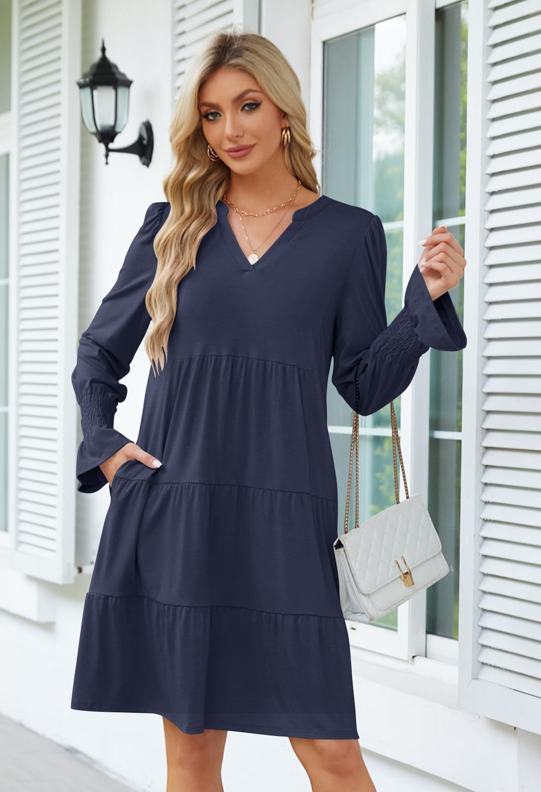 Foto 5 pulgar | Vestido Merokeety 2024 Para Mujer Con Cuello En V Y Manga Larga Azul Marino - Venta Internacional.