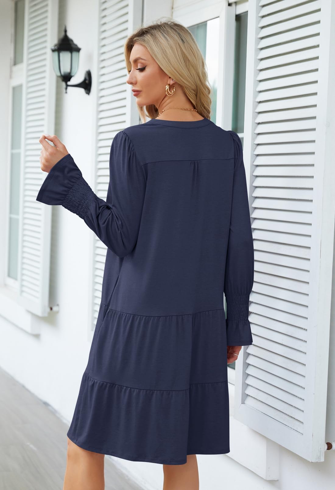Foto 5 | Vestido Merokeety 2024 Para Mujer Con Cuello En V Y Manga Larga Azul Marino - Venta Internacional.