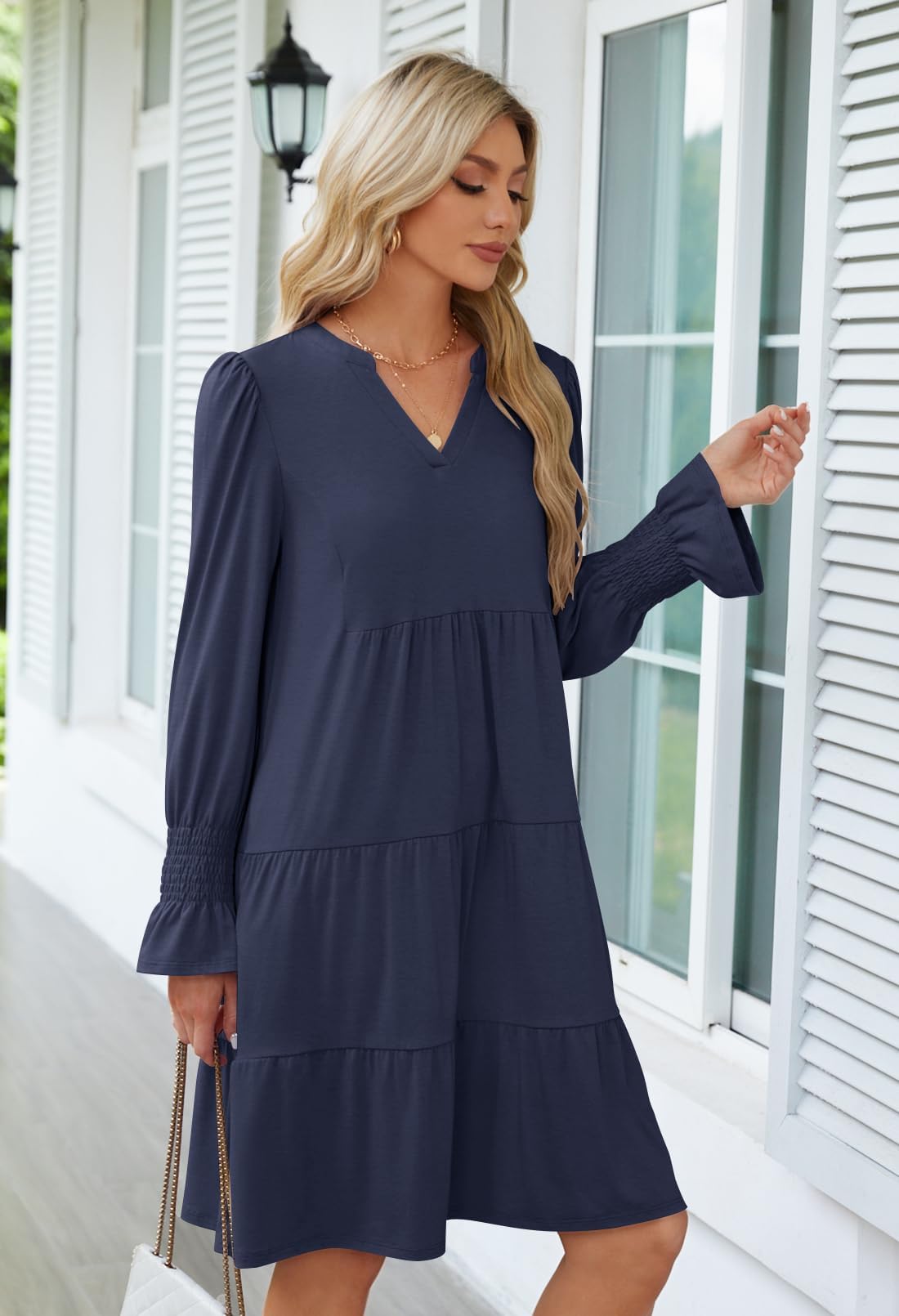 Foto 7 | Vestido Merokeety 2024 Para Mujer Con Cuello En V Y Manga Larga Azul Marino - Venta Internacional.