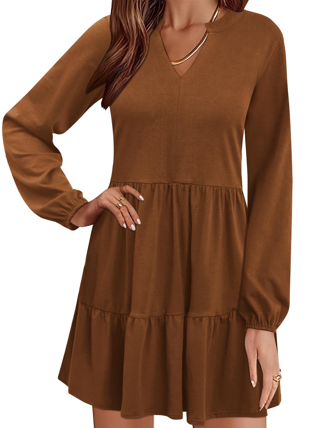 Foto 2 pulgar | Vestido Túnica Qacohu 2024 Con Cuello En V Y Manga Larga Con Bolsillos Para Mujer - Venta Internacional.