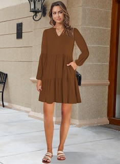 Foto 2 | Vestido Túnica Qacohu 2024 Con Cuello En V Y Manga Larga Con Bolsillos Para Mujer - Venta Internacional.