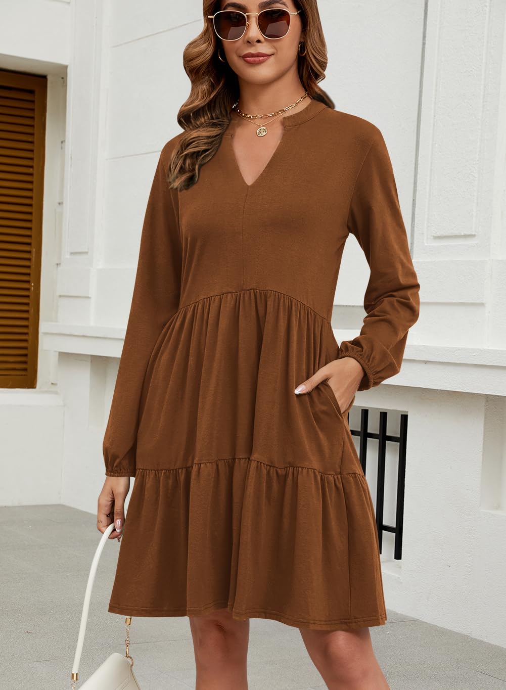 Foto 4 pulgar | Vestido Túnica Qacohu 2024 Con Cuello En V Y Manga Larga Con Bolsillos Para Mujer - Venta Internacional.