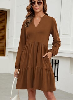 Foto 3 | Vestido Túnica Qacohu 2024 Con Cuello En V Y Manga Larga Con Bolsillos Para Mujer - Venta Internacional.