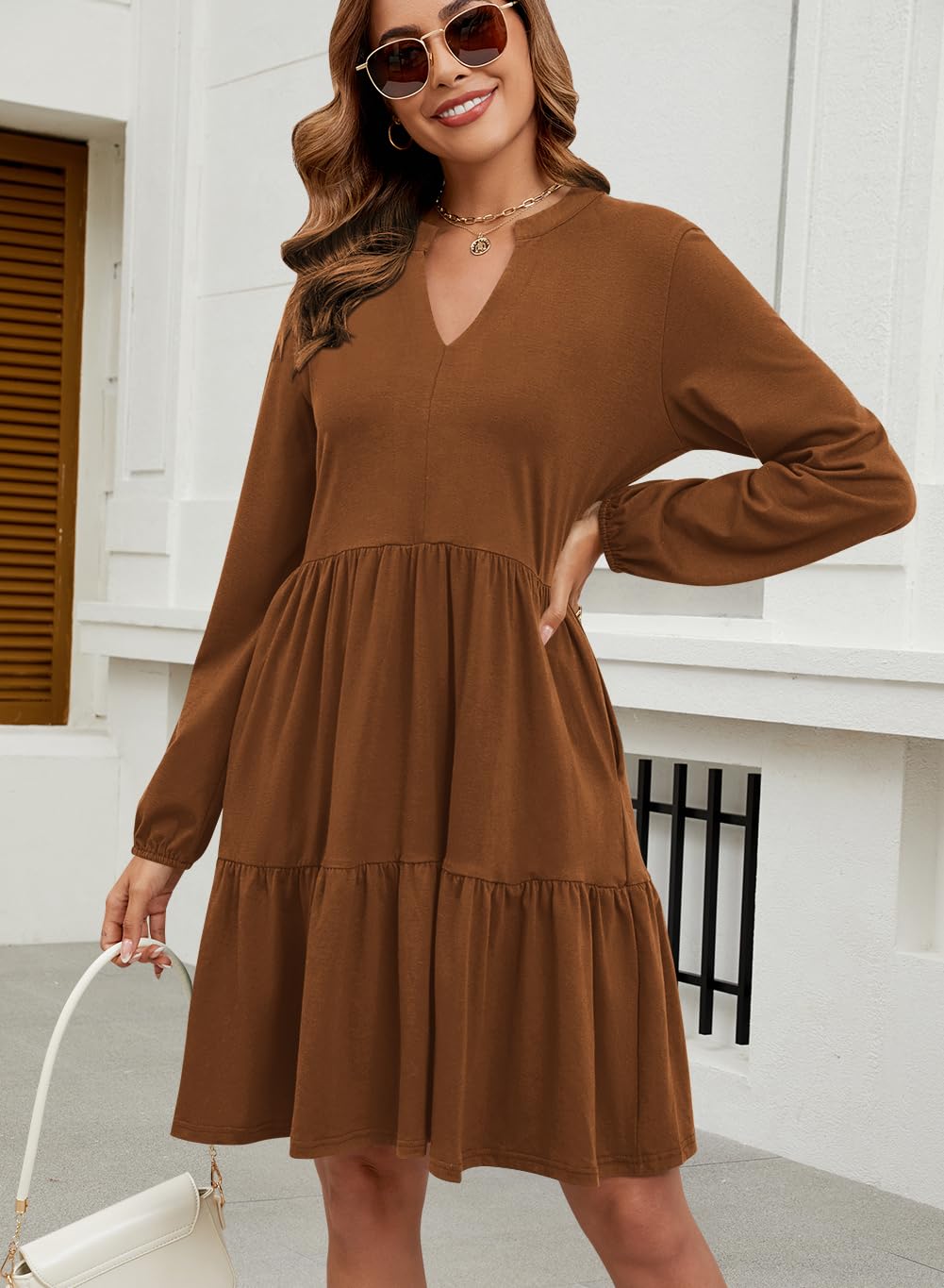 Foto 5 pulgar | Vestido Túnica Qacohu 2024 Con Cuello En V Y Manga Larga Con Bolsillos Para Mujer - Venta Internacional.