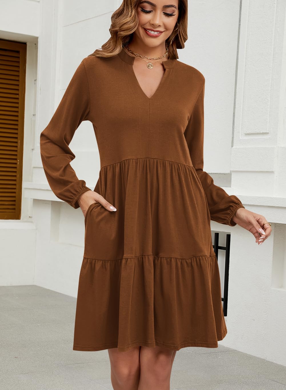 Foto 6 pulgar | Vestido Túnica Qacohu 2024 Con Cuello En V Y Manga Larga Con Bolsillos Para Mujer - Venta Internacional.