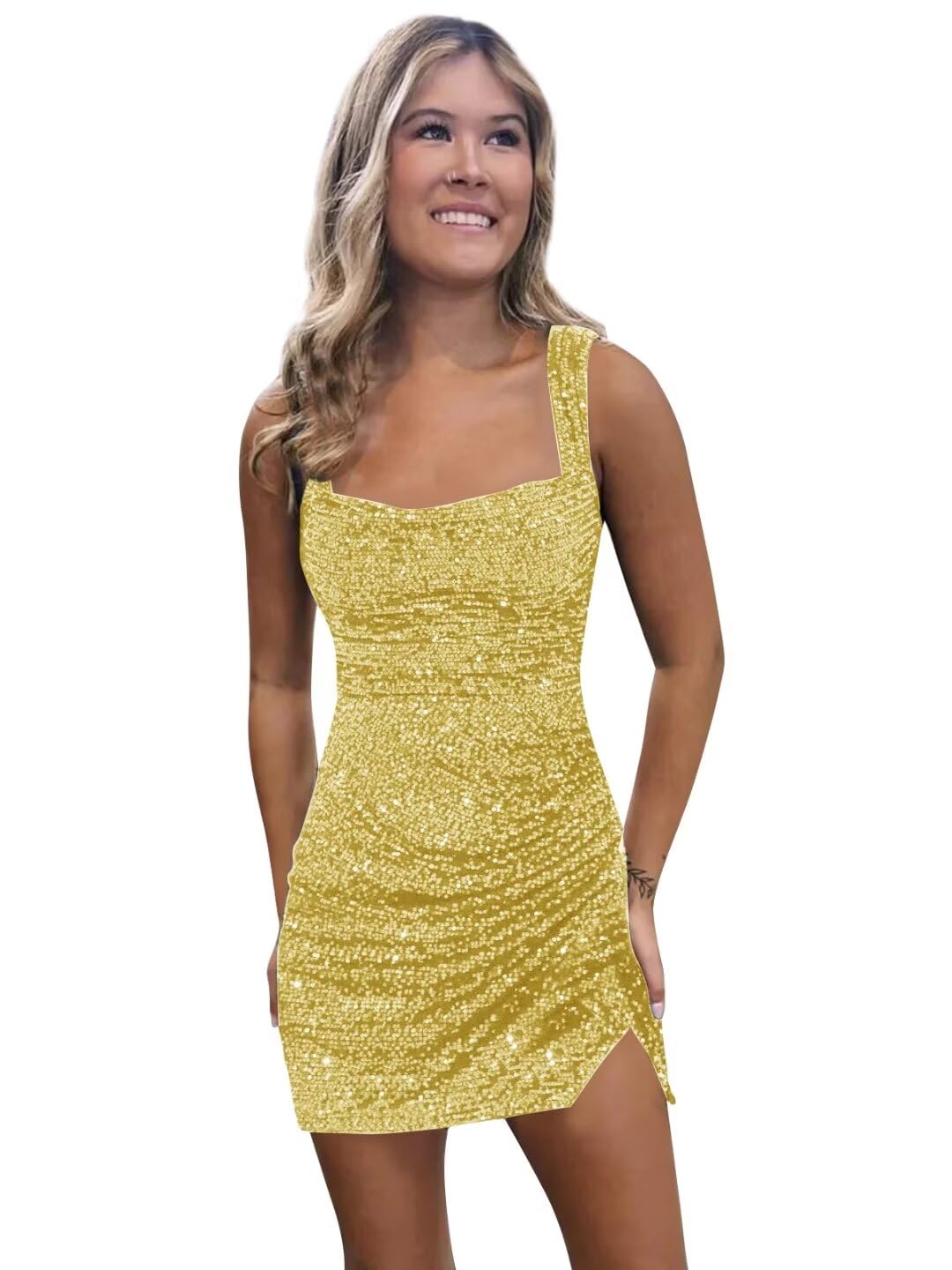 Foto 2 pulgar | Vestido De Bienvenida Bolensye Amarillo Con Lentejuelas Y Abertura Para Adolescentes 2024 - Venta Internacional.