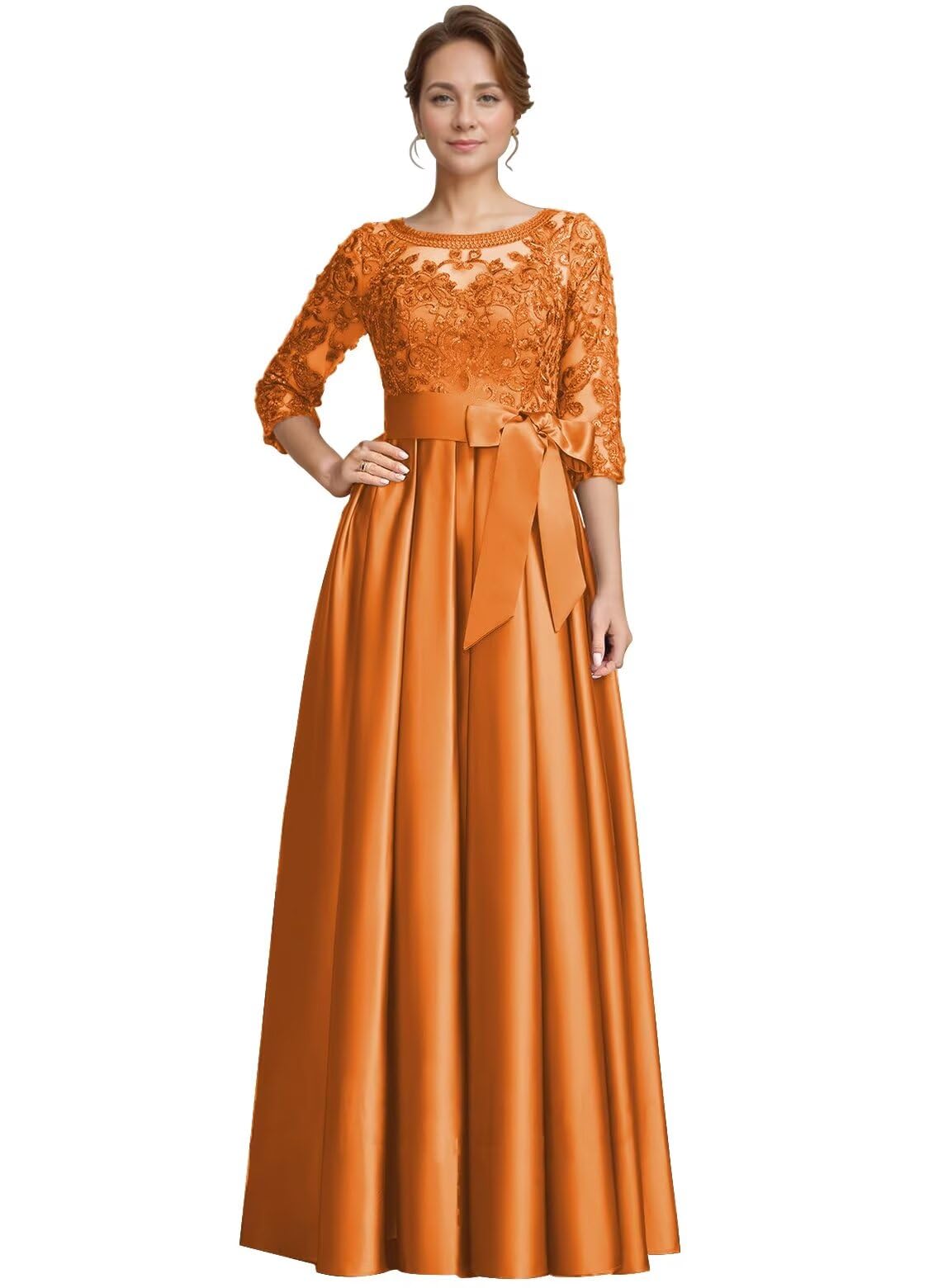 Foto 2 pulgar | Vestido Raomiao Satin Mother Of The Bride Naranja Con Mangas - Venta Internacional.