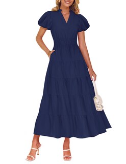 Foto 1 | Vestido Largo Zesica, Casual De Verano, Cuello En V, Volantes, Azul Marino - Venta Internacional.