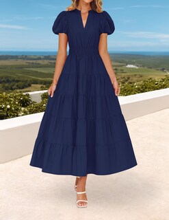Foto 2 | Vestido Largo Zesica, Casual De Verano, Cuello En V, Volantes, Azul Marino - Venta Internacional.
