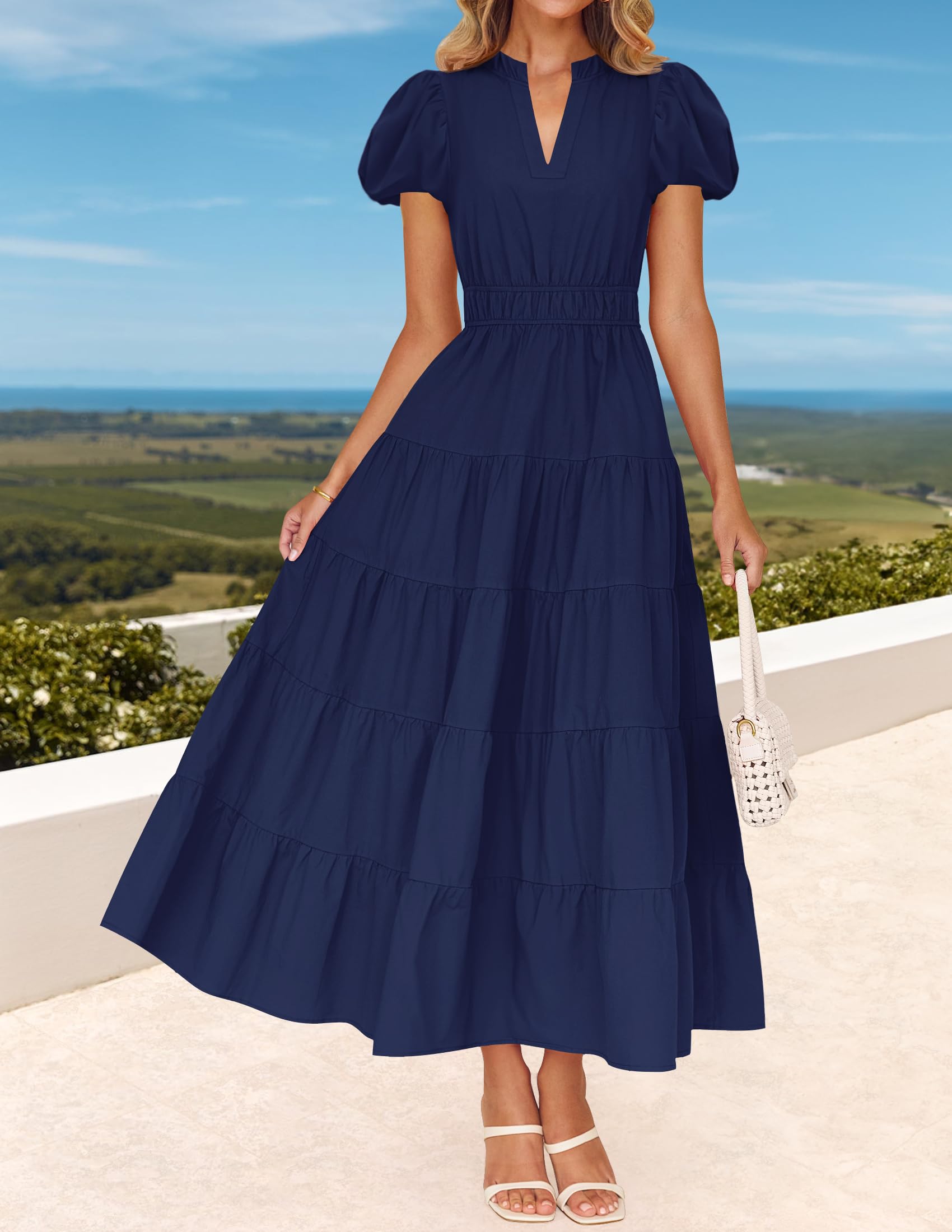 Foto 4 pulgar | Vestido Largo Zesica, Casual De Verano, Cuello En V, Volantes, Azul Marino - Venta Internacional.