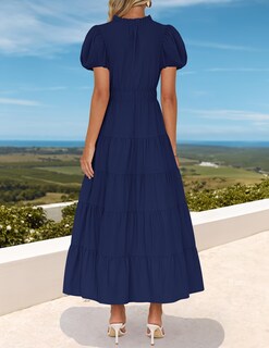 Foto 4 | Vestido Largo Zesica, Casual De Verano, Cuello En V, Volantes, Azul Marino - Venta Internacional.