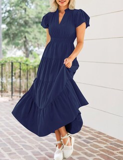 Foto 6 | Vestido Largo Zesica, Casual De Verano, Cuello En V, Volantes, Azul Marino - Venta Internacional.