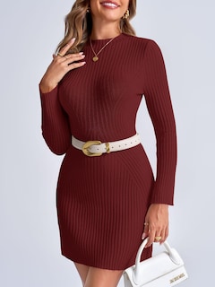 Foto 2 | Vestido Tipo Suéter Saodimallsu 2024 Para Mujer, Manga Larga, Color Burdeos - Venta Internacional.