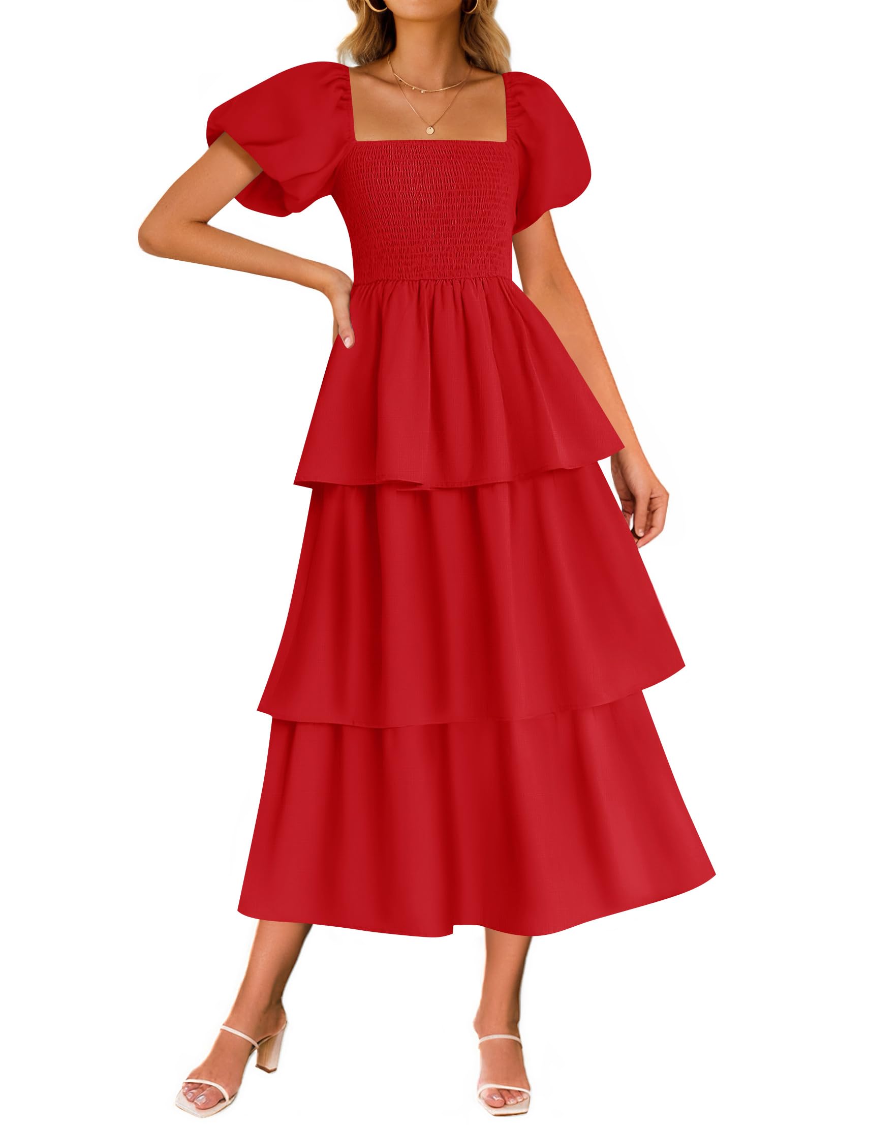 Foto 2 pulgar | Vestido Zesica 2025 Summer Boho Midi De Manga Corta Abullonada Para Mujer - Venta Internacional.