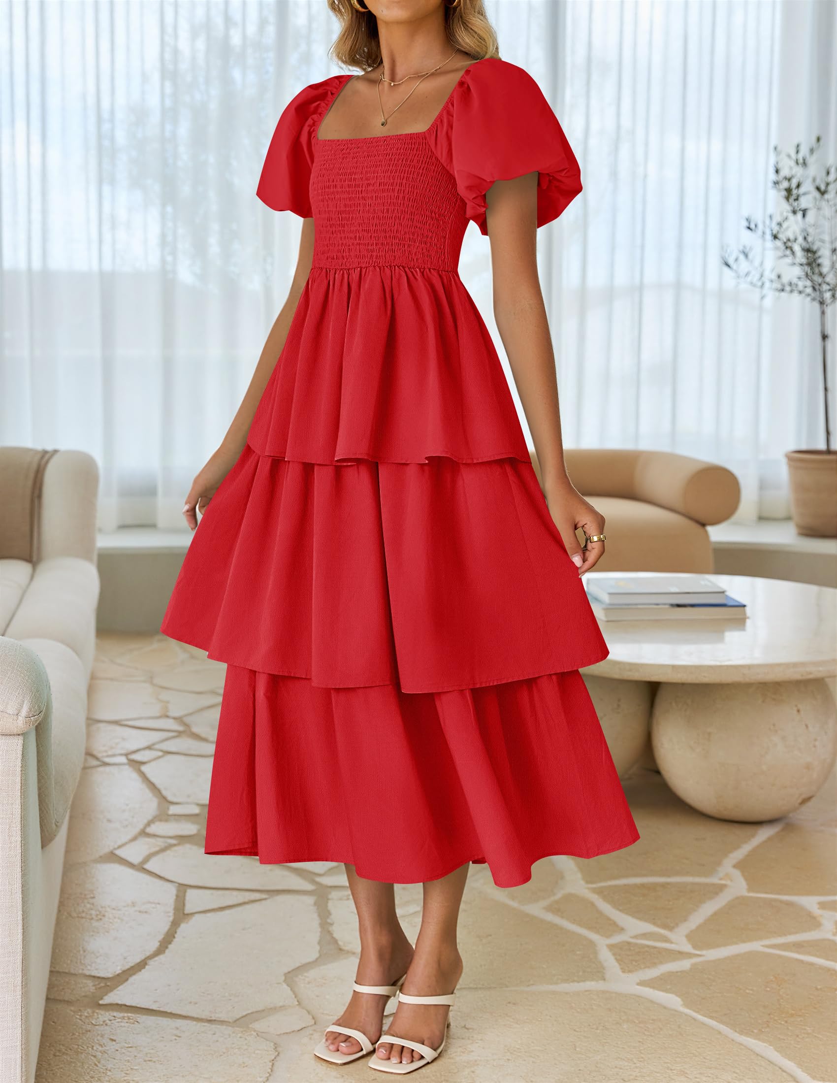 Foto 4 pulgar | Vestido Zesica 2025 Summer Boho Midi De Manga Corta Abullonada Para Mujer - Venta Internacional.