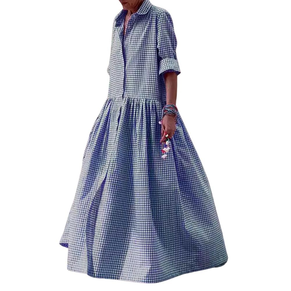 Foto 1 | Vestido Maxi Camisero Chouyatou Retro A Cuadros Con Botones Para Mujer - Venta Internacional.