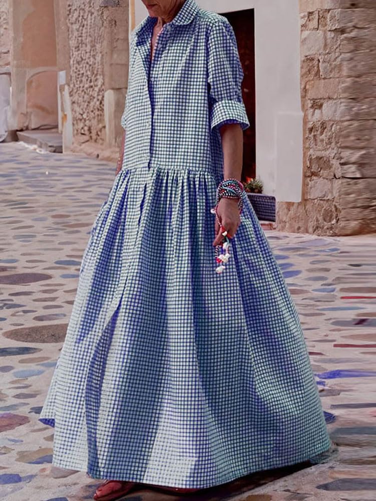 Foto 3 pulgar | Vestido Maxi Camisero Chouyatou Retro A Cuadros Con Botones Para Mujer - Venta Internacional.