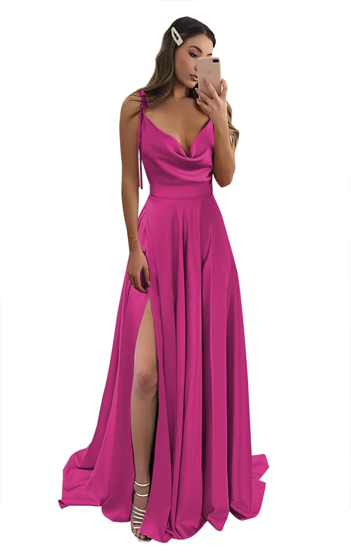 Foto 2 pulgar | Vestido De Fiesta Monvelli De Satén Con Cuello Vuelto Sin Espalda Y Abertura Fucsia - Venta Internacional.