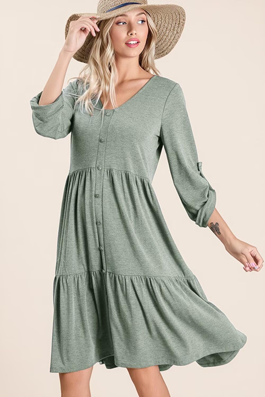 Foto 3 pulgar | Vestido Dokotoo Para Mujer, Cuello En V, Punto Acanalado, Manga Larga - Venta Internacional.