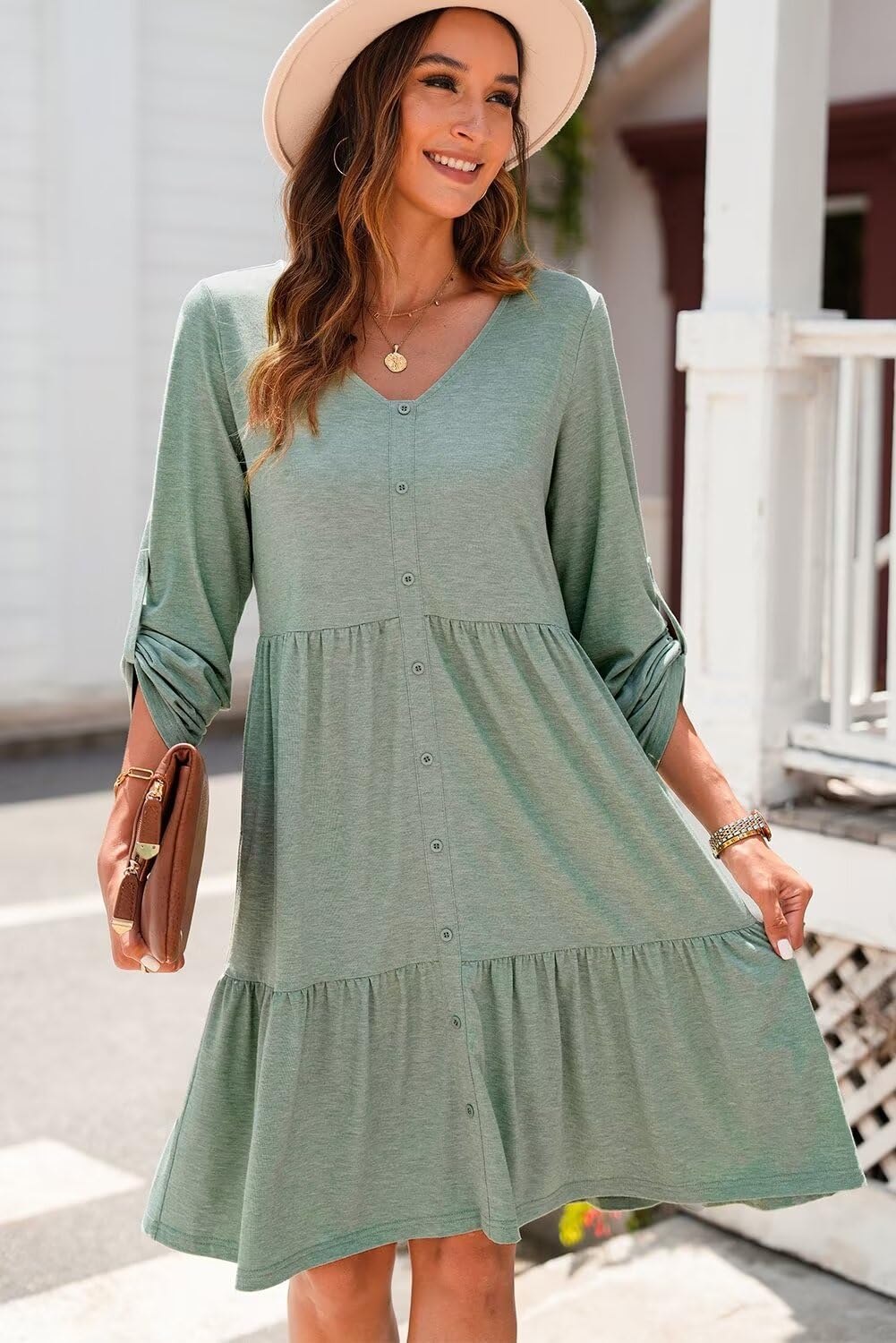 Foto 5 pulgar | Vestido Dokotoo Para Mujer, Cuello En V, Punto Acanalado, Manga Larga - Venta Internacional.