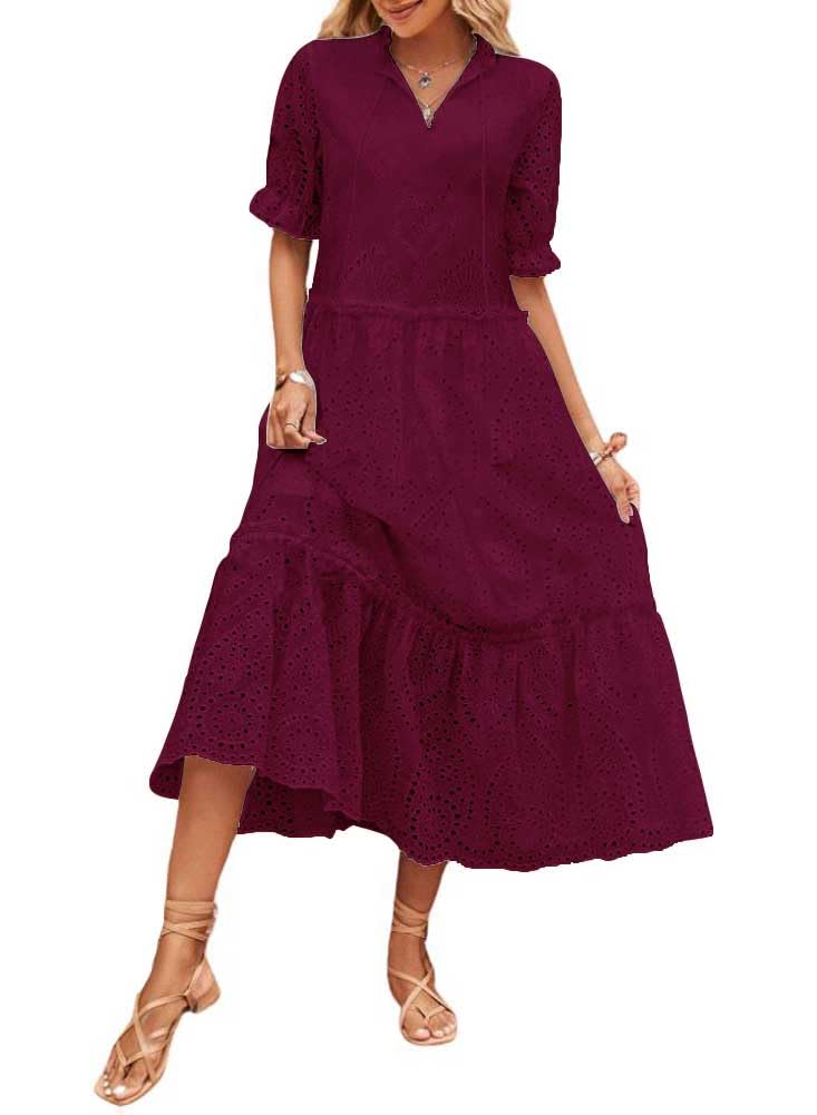 Foto 2 pulgar | Vestido Chouyatou Para Mujer, Estilo Bohemio, Bordado Bohemio, Con Ojales, Color Rojo Vino - Venta Internacional.