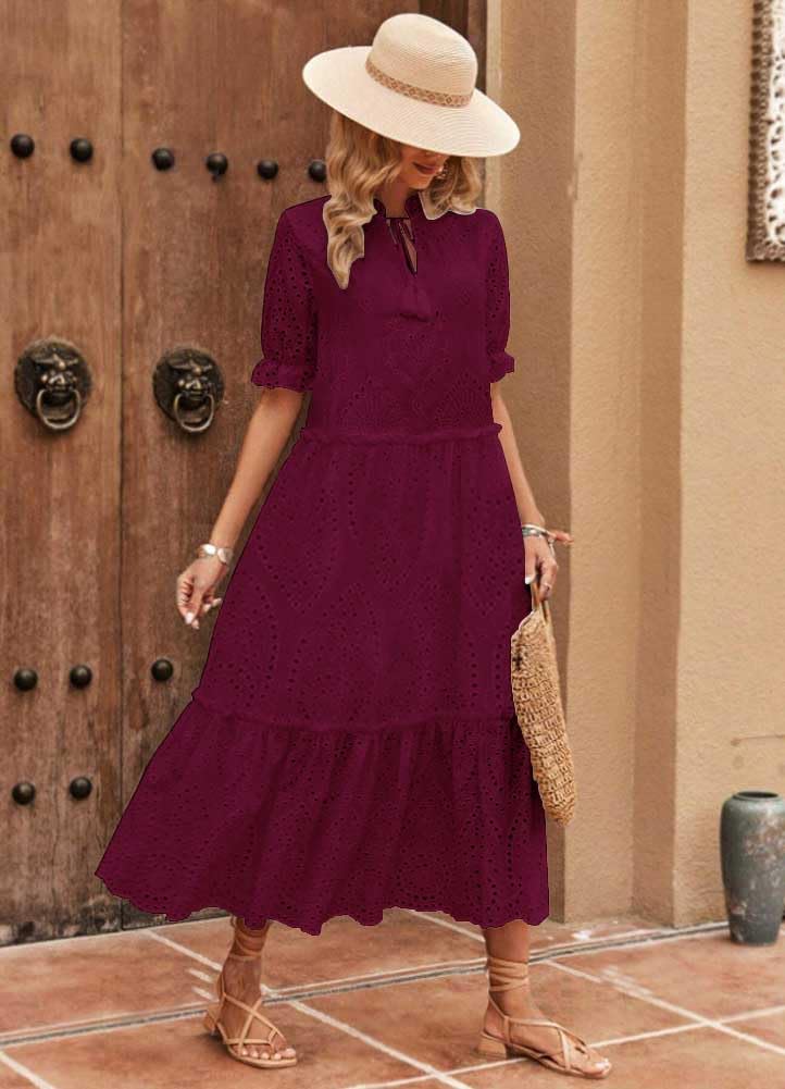 Foto 3 | Vestido Chouyatou Para Mujer, Estilo Bohemio, Bordado Bohemio, Con Ojales, Color Rojo Vino - Venta Internacional.