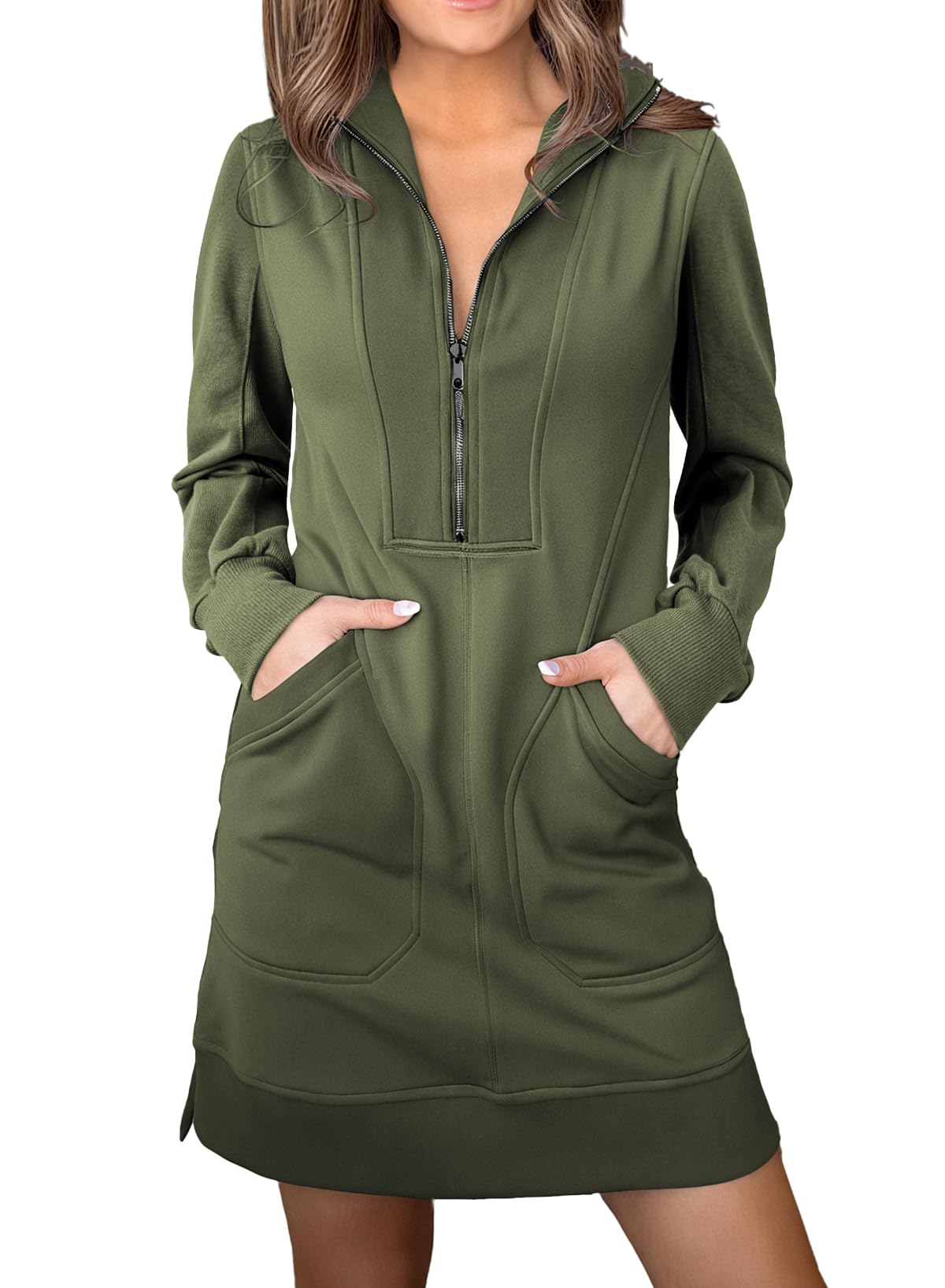 Foto 2 pulgar | Vestido Tipo Sudadera Alvaq Otoño 2024 Cuello En V Manga Larga Verde - Venta Internacional.