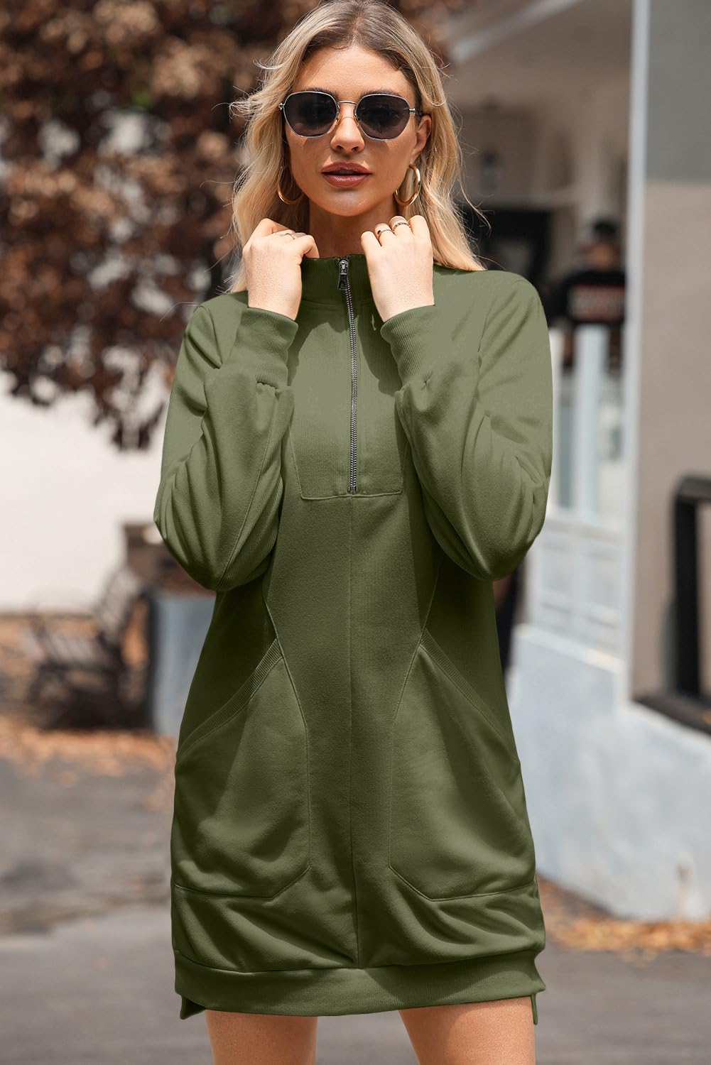 Foto 4 pulgar | Vestido Tipo Sudadera Alvaq Otoño 2024 Cuello En V Manga Larga Verde - Venta Internacional.