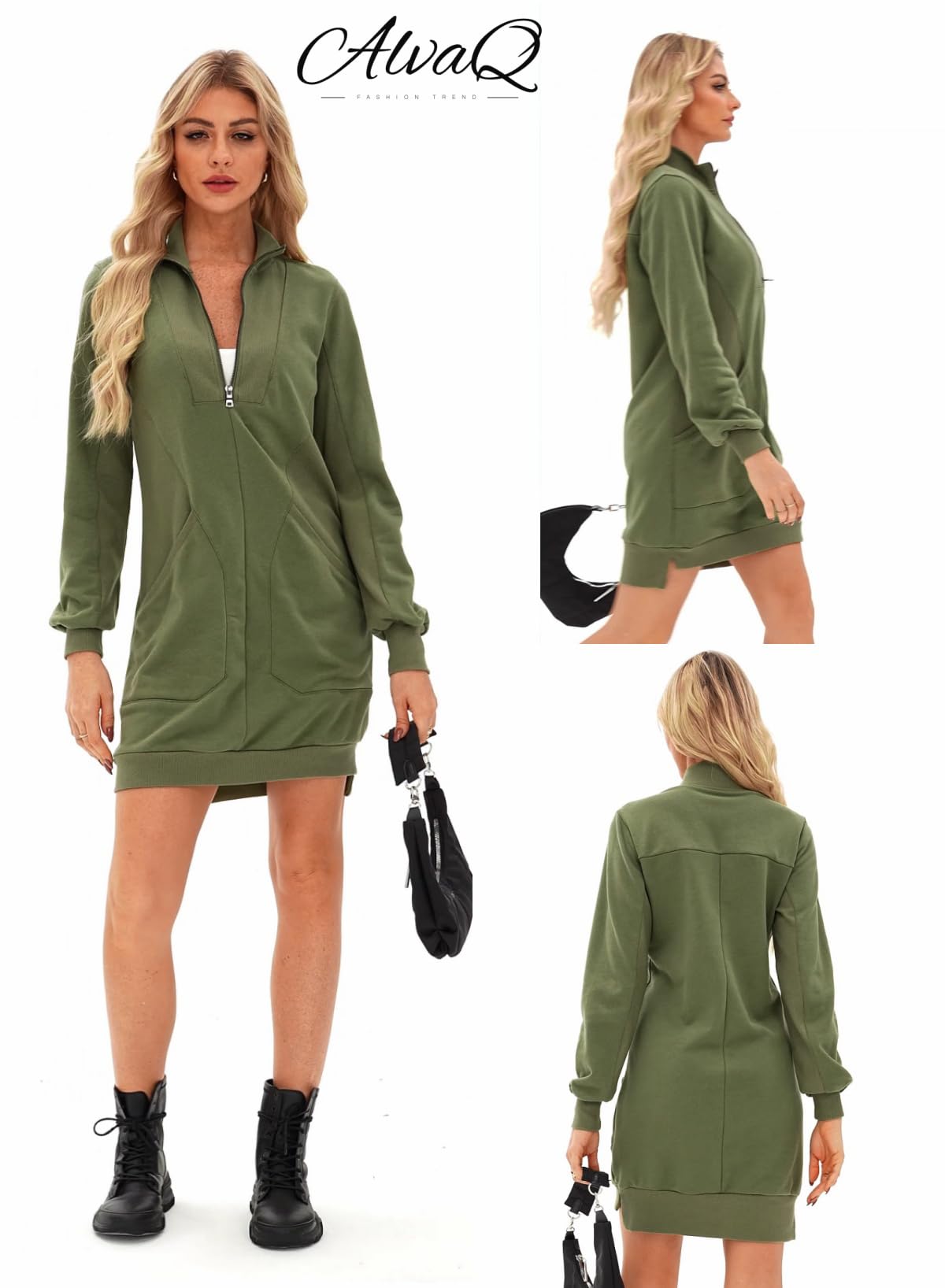 Foto 5 pulgar | Vestido Tipo Sudadera Alvaq Otoño 2024 Cuello En V Manga Larga Verde - Venta Internacional.