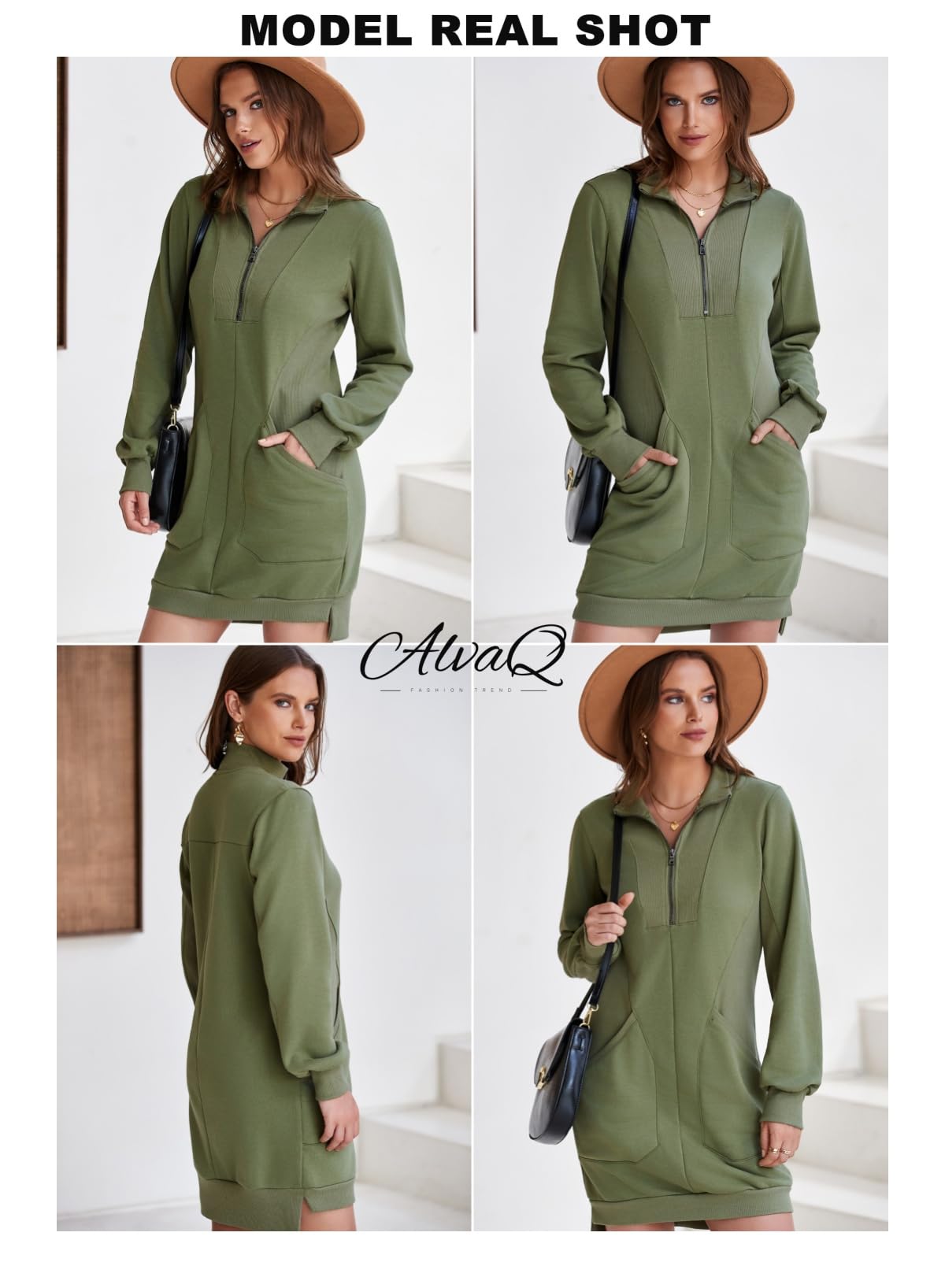 Foto 6 pulgar | Vestido Tipo Sudadera Alvaq Otoño 2024 Cuello En V Manga Larga Verde - Venta Internacional.