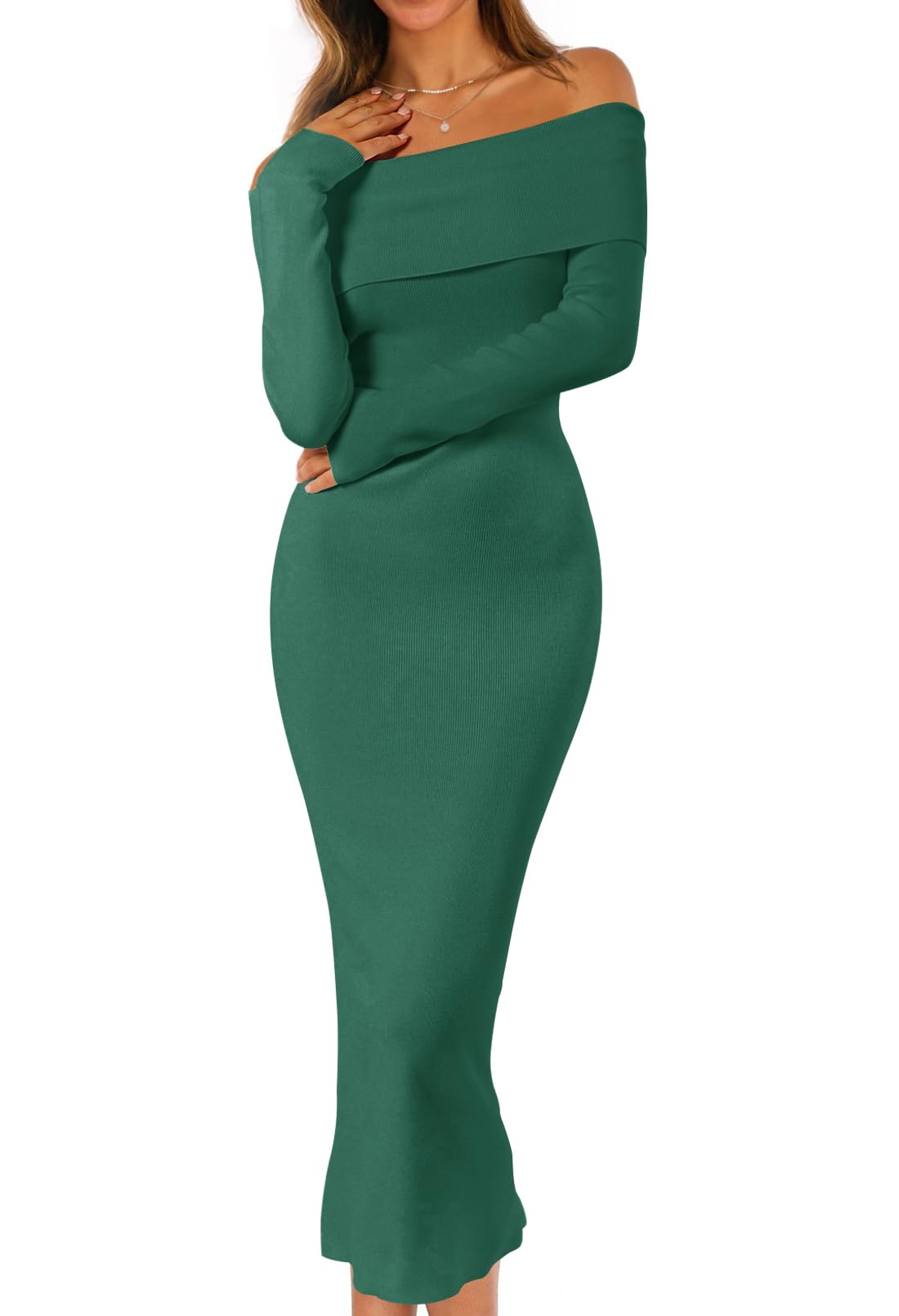 Foto 2 pulgar | Vestido Tipo Suéter Merokeety Para Mujer Con Hombros Descubiertos, Color Verde Oscuro, Xl - Venta Internacional.