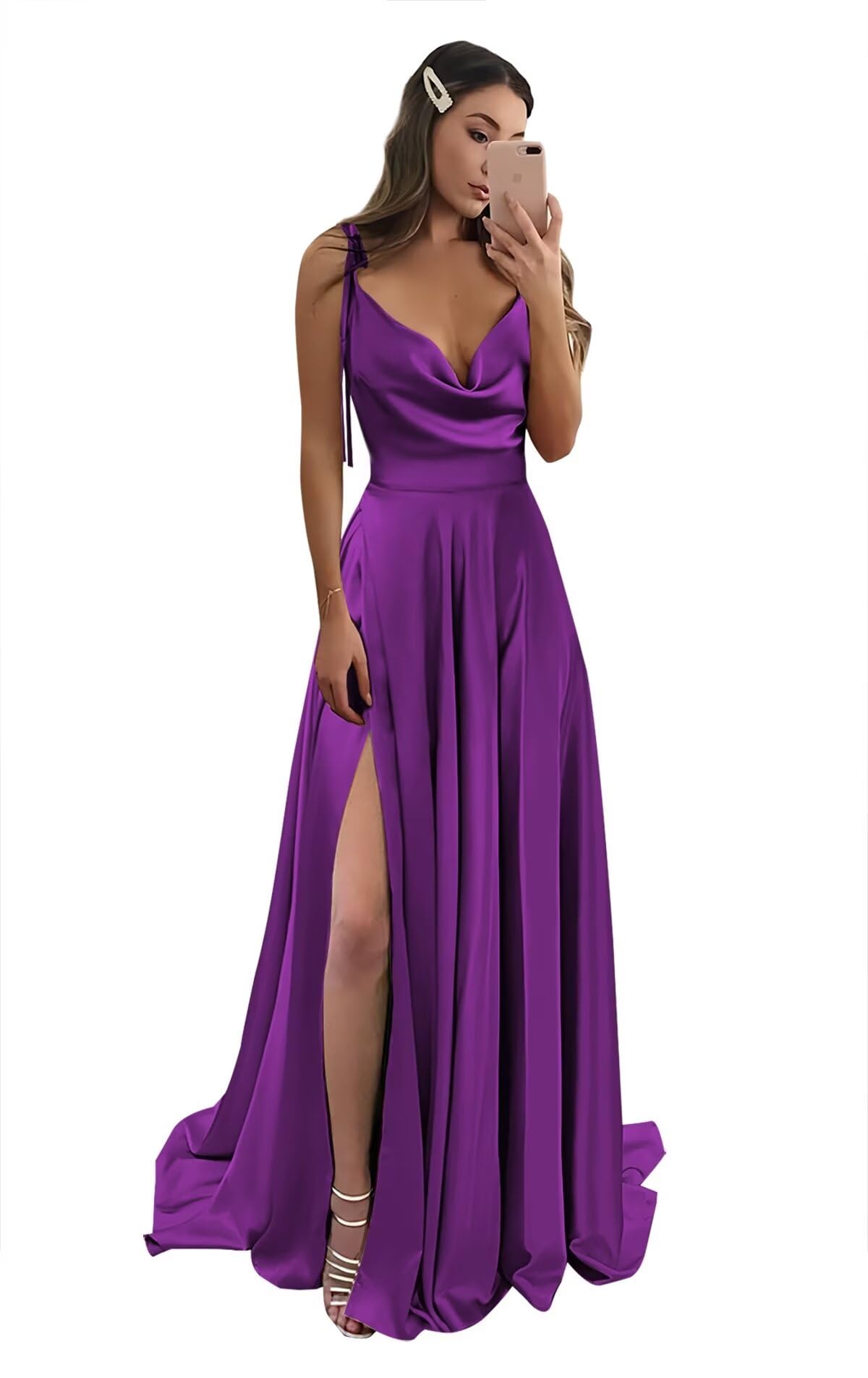 Foto 2 pulgar | Vestido De Fiesta Monvelli De Satén Con Cuello Vuelto, Sin Espalda Y Abertura, Morado - Venta Internacional.