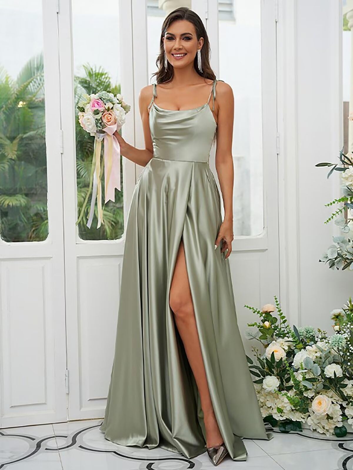 Foto 5 | Vestido De Fiesta Monvelli De Satén Con Cuello Vuelto, Sin Espalda Y Abertura, Morado - Venta Internacional.