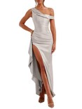 Vestido Largo Plisado Para Invitados A La Boda, Plateado Satinado - Venta Internacional.