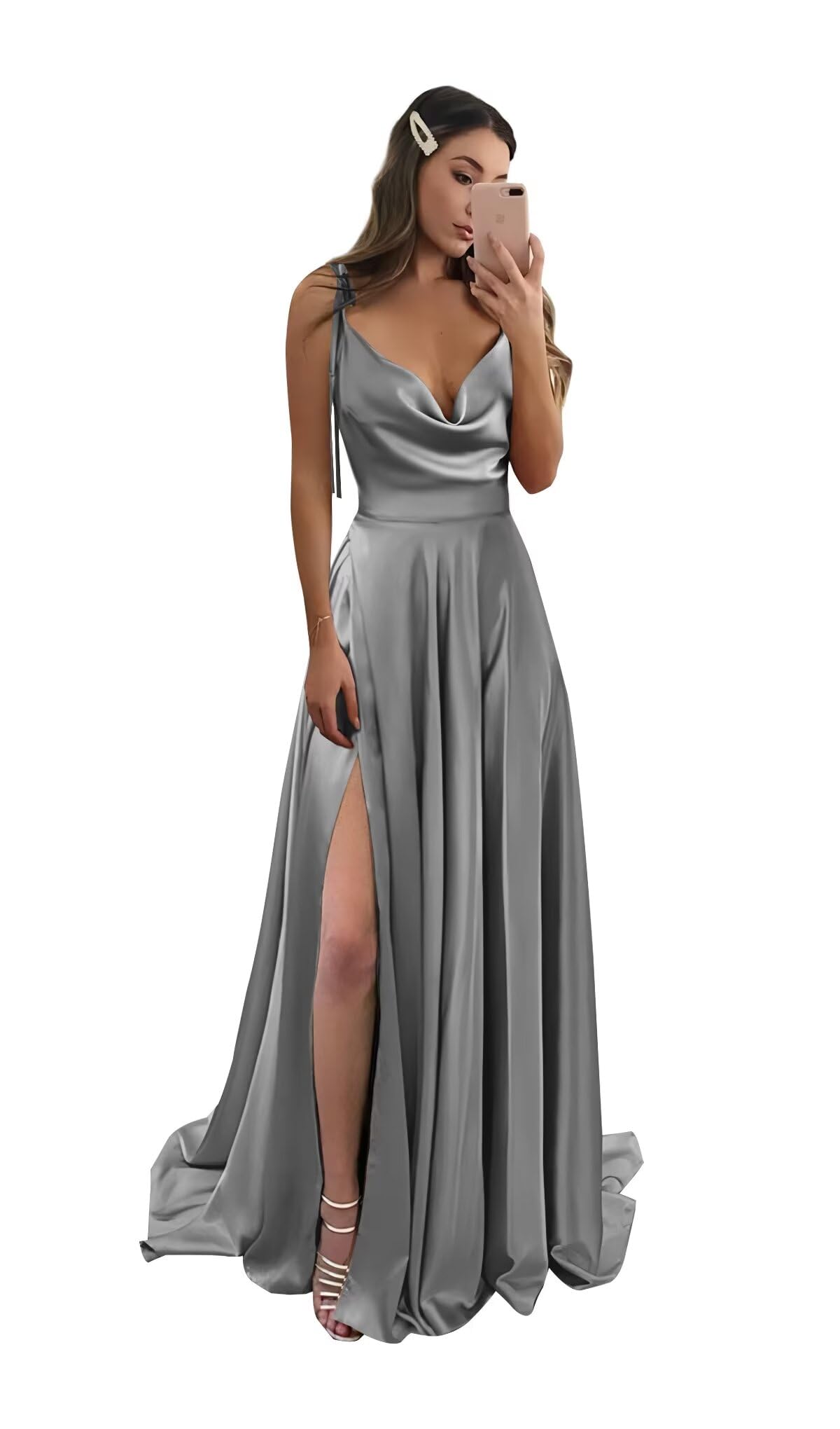 Foto 2 pulgar | Vestido De Fiesta Monvelli De Satén Con Cuello Vuelto Sin Espalda Y Abertura Gris Sz 8 - Venta Internacional.