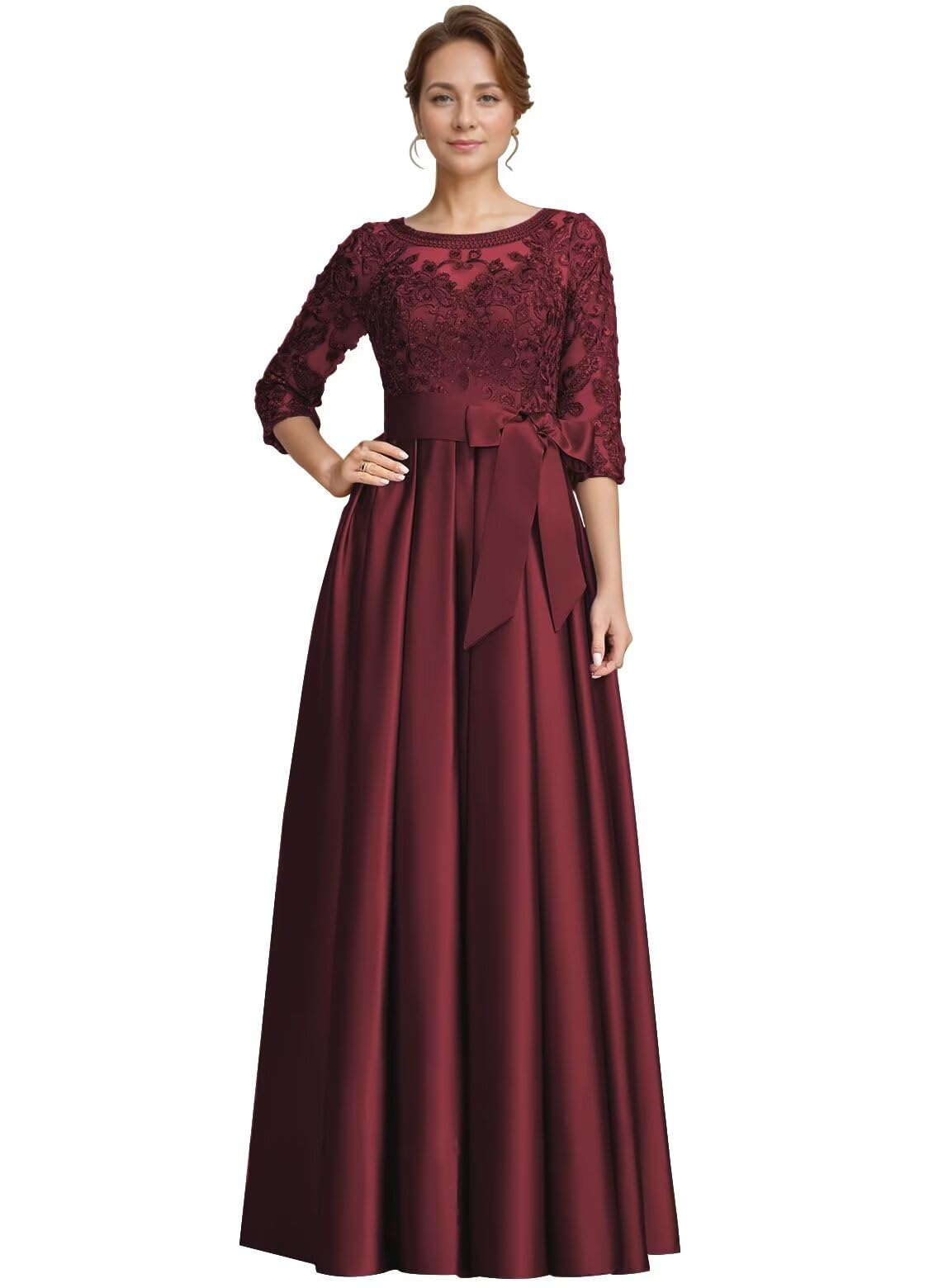 Foto 2 pulgar | Vestido Raomiao De Encaje Satinado Para Madre Del Novio, Color Rojo Vino, Talla 16 - Venta Internacional.