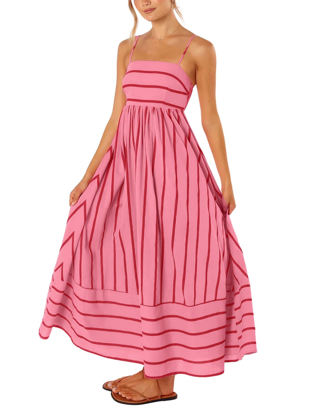 Foto 1 | Vestido Largo Chouyatou Para Mujer, Con La Espalda Rayada, Fruncido, Color Rojo Sandía - Venta Internacional.