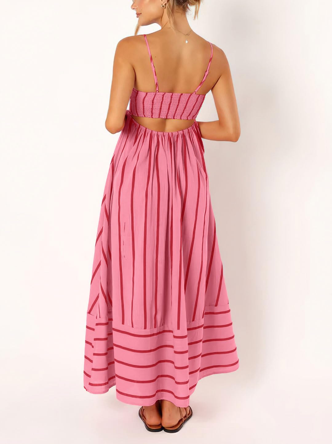 Foto 2 | Vestido Largo Chouyatou Para Mujer, Con La Espalda Rayada, Fruncido, Color Rojo Sandía - Venta Internacional.