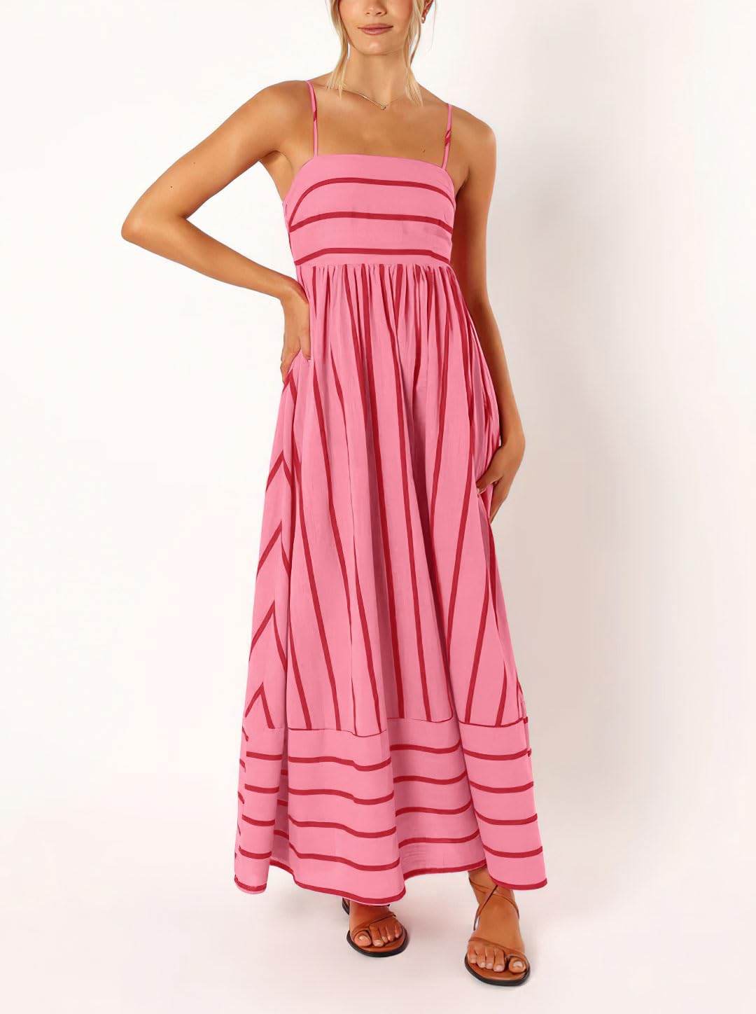 Foto 3 | Vestido Largo Chouyatou Para Mujer, Con La Espalda Rayada, Fruncido, Color Rojo Sandía - Venta Internacional.