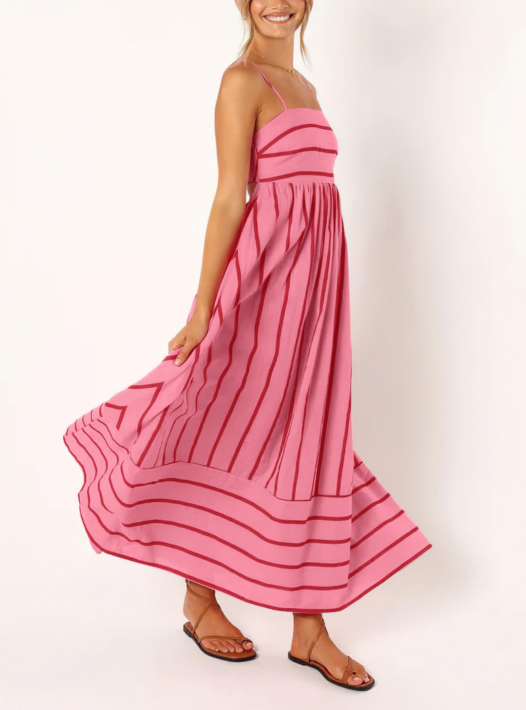 Foto 4 | Vestido Largo Chouyatou Para Mujer, Con La Espalda Rayada, Fruncido, Color Rojo Sandía - Venta Internacional.