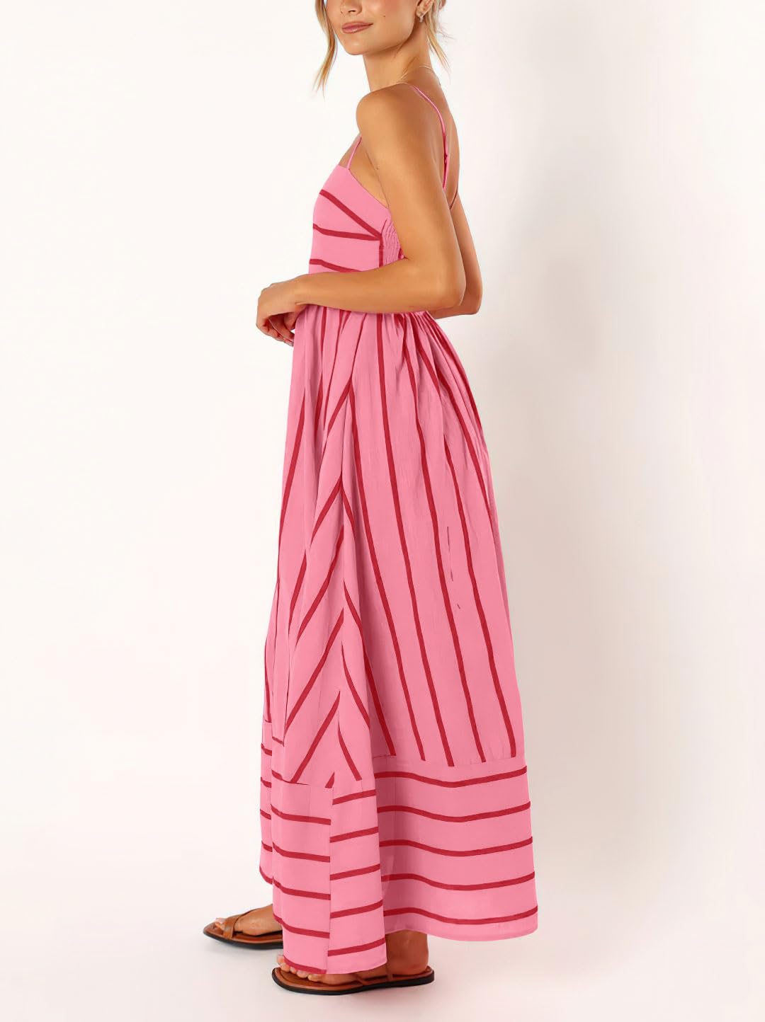 Foto 6 pulgar | Vestido Largo Chouyatou Para Mujer, Con La Espalda Rayada, Fruncido, Color Rojo Sandía - Venta Internacional.