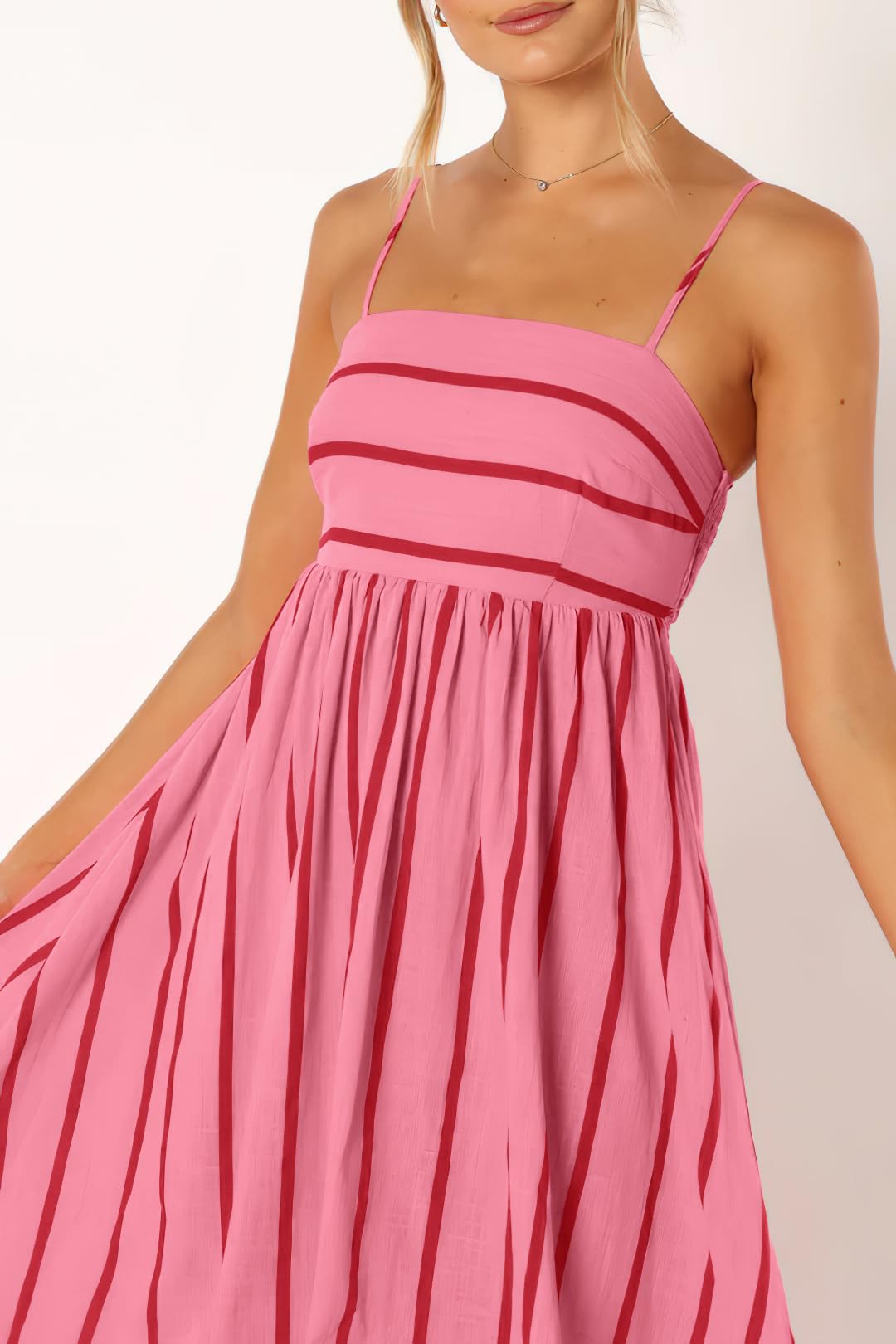Foto 7 pulgar | Vestido Largo Chouyatou Para Mujer, Con La Espalda Rayada, Fruncido, Color Rojo Sandía - Venta Internacional.