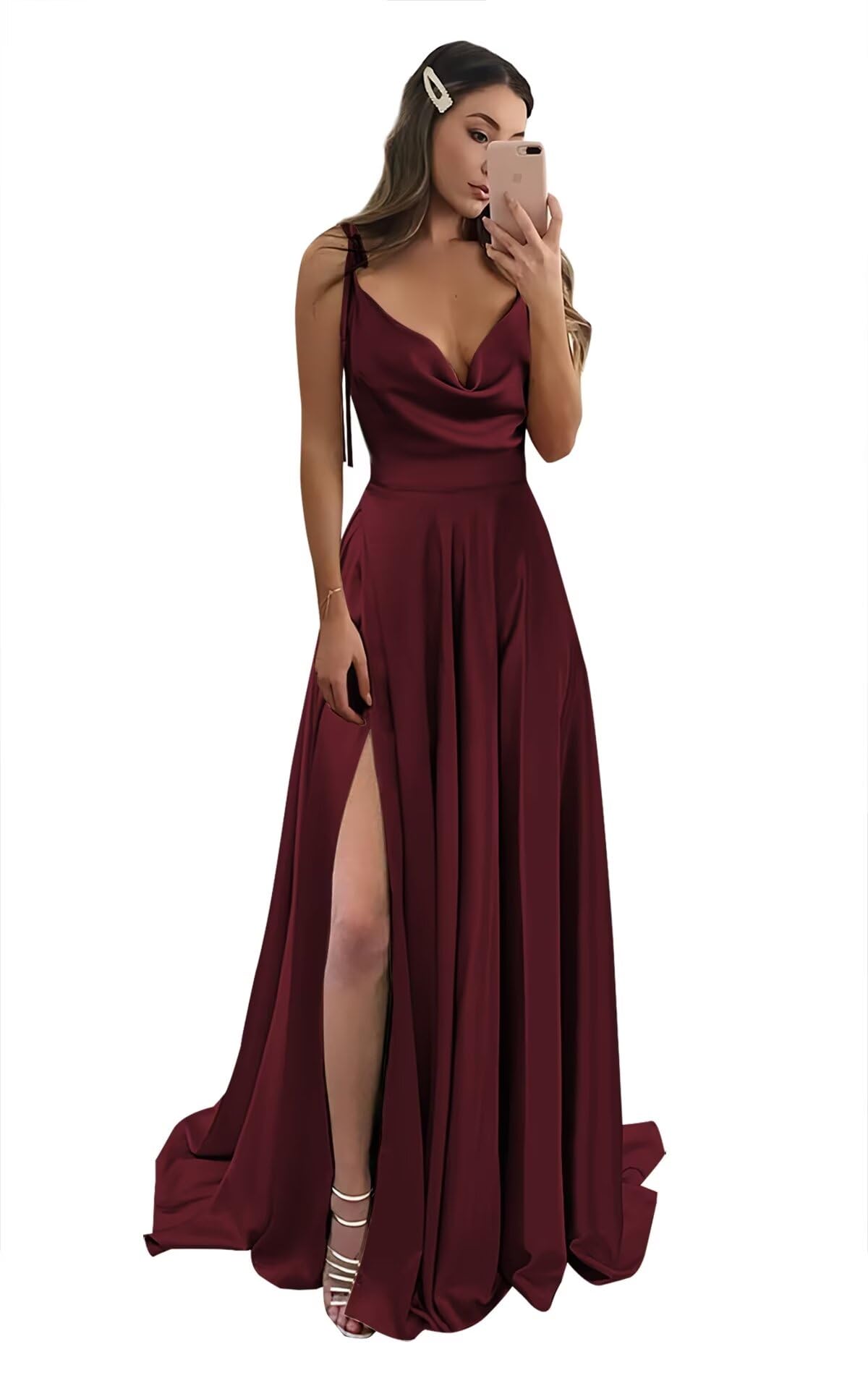 Foto 1 | Vestido De Fiesta Monvelli De Satén Con Cuello Vuelto Y Abertura En La Espalda, Color Burdeos - Venta Internacional.
