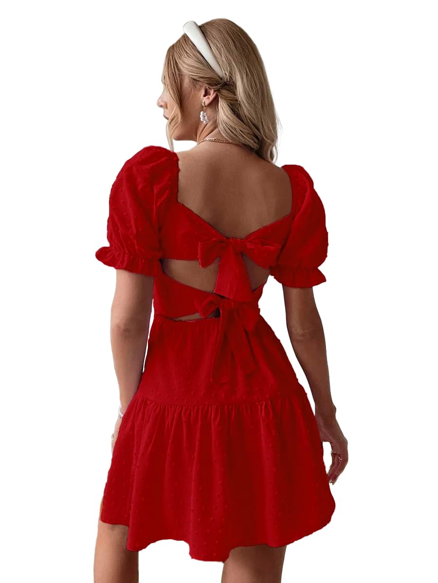 Foto 2 pulgar | Vestido De Verano Narecte Con Lunares Suizos Sin Espalda Y Dobladillo Con Volantes Rojo - Venta Internacional.